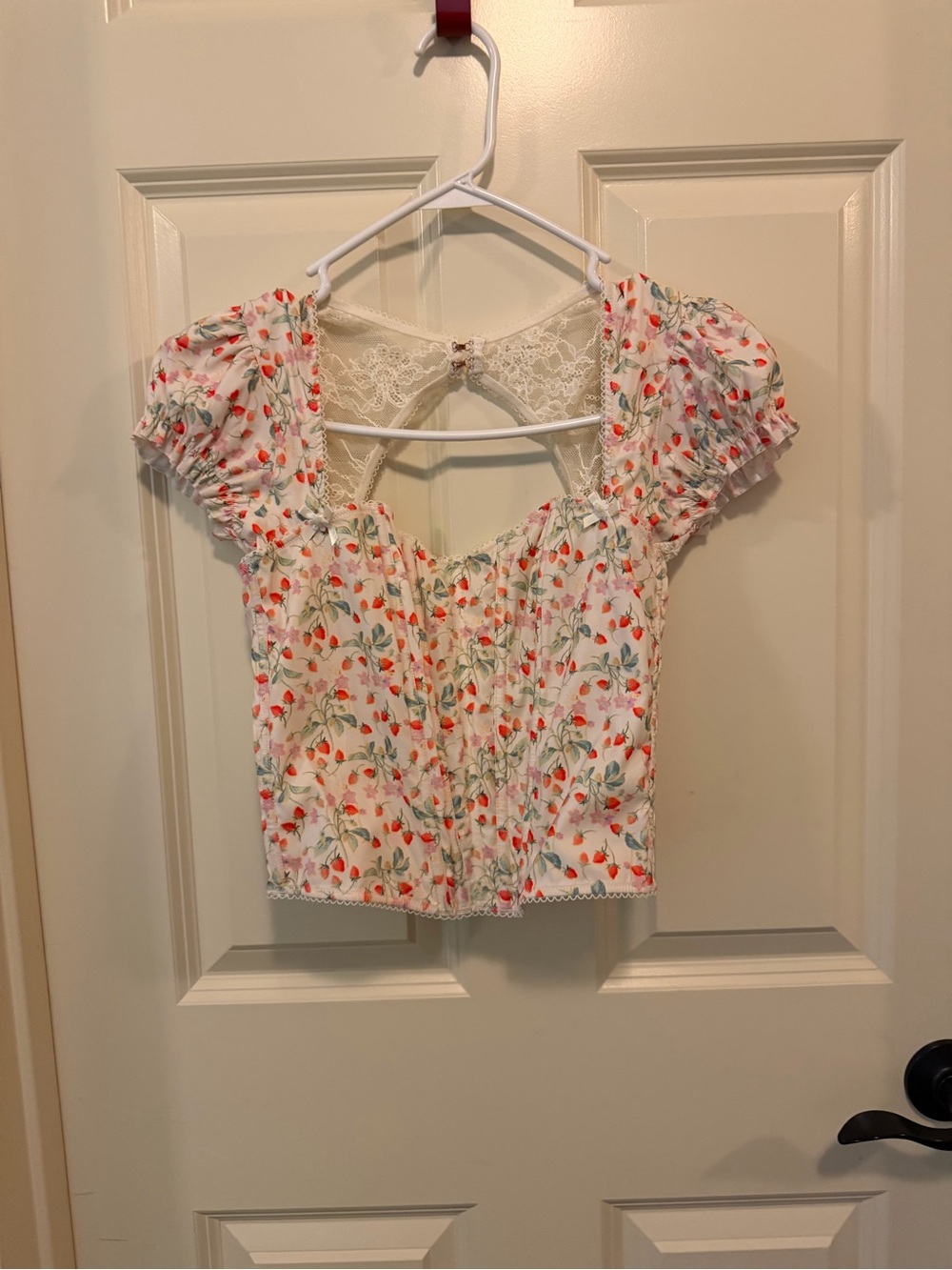 Victoria’s Secret Lace-Back Corset Short Sleeve Top - White with Red Floral